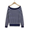 Dark Blue Striped One-Shoulder Boat Neck Knit Sweater