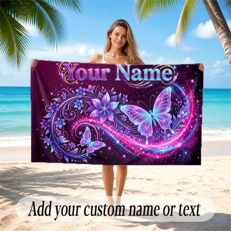 Butterfly Theme Soft Beach Towel Personalized Custom Name Text Towel Portable for Beach Pool Travel