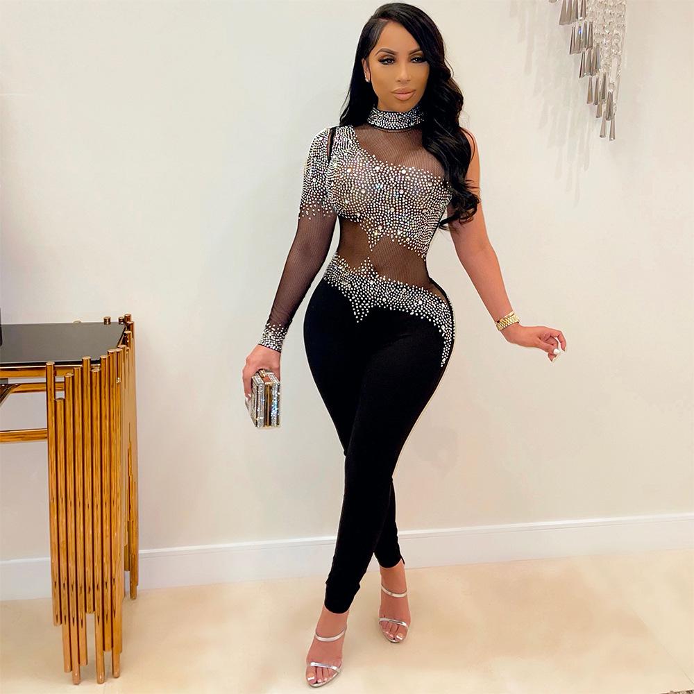«Женский модный сексуальный сетчатый прозрачный комбинезон с длинными рукавами и бриллиантами»