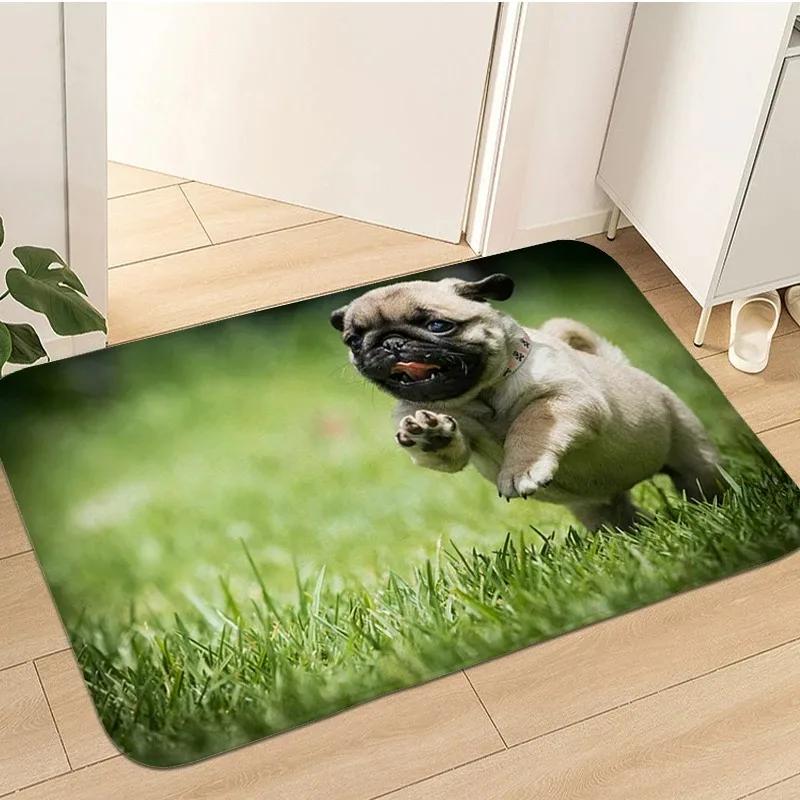 Cute Pug Dog Pattern Welcome Mat Non-Slip Indoor Outdoor Home Decor Carpet Kitchen Floor Rugs Bedroom Bathroom Entrance Doormat