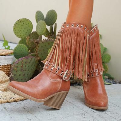 8.5СМ Женские Высокие Сапоги Тренд Ретро Металлическая Пряжка Толстый Каблук Кисточка Западные Ковбойские Сапоги Женская Обувь Botas De Mujer Большой Размер 42