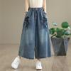 Plus Size Thin Vintage Embroidery Floral High Waist Casual Loose Women Summer Jeans Denim Wide Leg Pants
