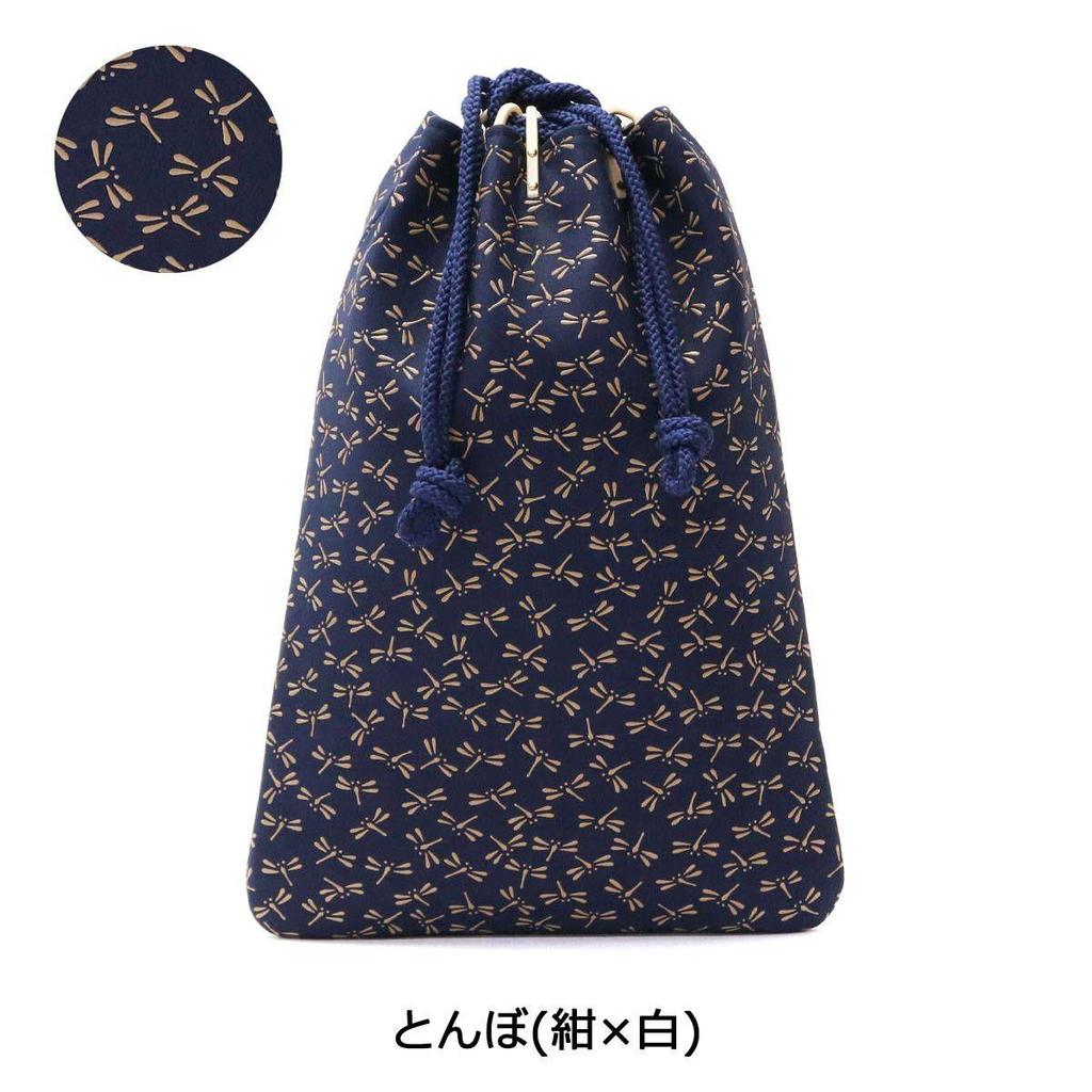 Used Inden-ya INDEN-YA Drawstring Bag Large Go-Kiri Bag Women's Men's Koshu Inden Leather 3004 Made in Japan Dragonfly (Navy x White)