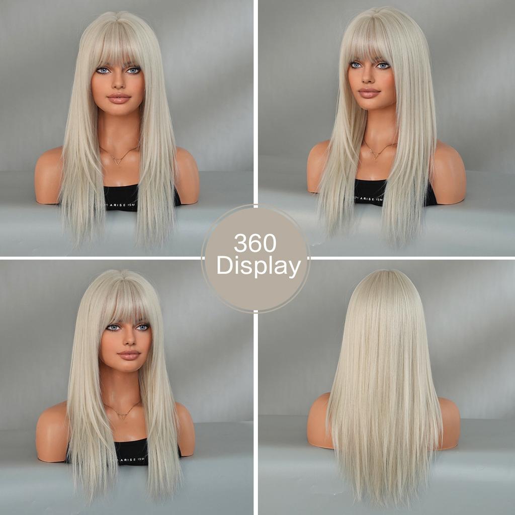Silver White Layered Straight Wig for Women - Air Bangs Full Cap Wig, Party Halloween Cosplay Machine Made Wig, Silver Options Available