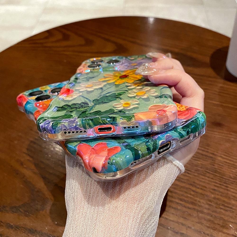 For Iphone 15 Pro Max Oil Painting Flowers Phone Case For iPhone 12 13 14 Pro Max 12promax 15pro 13promax Soft IMD Shockproof Bumper Wavy Frame Cover