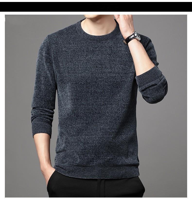 Мужской зимний утепленный свитер с круглым вырезом, однотонная трикотажная рубашка