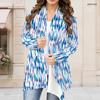 Women Plus Size Draped Collar Long Sleeve Open Front Blue White Printed Curved Hem Cardigan