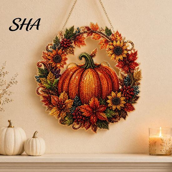Eye-Catching Design Ornament Fall Pumpkin Sunflower Wreath Hanging Decor, Acrylic Hand Painted Christmas Tree Window Ornament, Thanksgiving Halloween