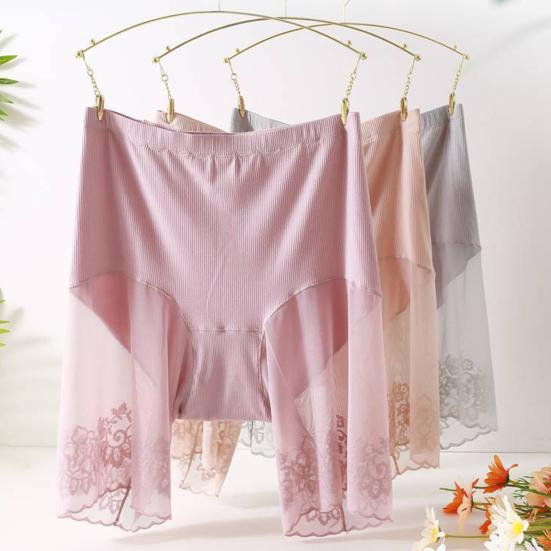 Women Safety Pants High Elasticity Solid Color Seamless Lace Patchwork Anti-exposure High Waist Tummy Control Quick Dry Mini