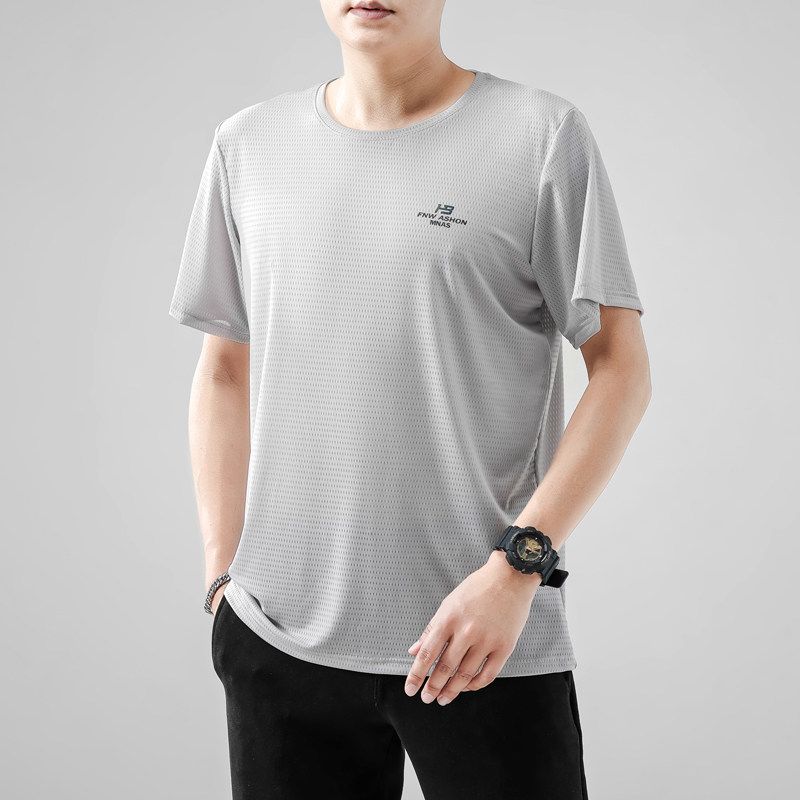 Summer High end Experience! Stretch on All Sides! Ice Silk Breathable T-shirt Men's Short Sleeve Top round Neck Foreign Trade Cut the Tag off Tide