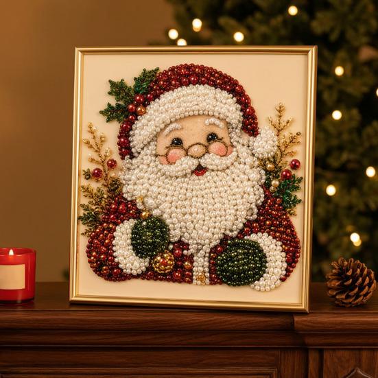 Sparkling 3D Painting Canvas DIY Christmas Faux Pearl Art Kit with Frame, Santa Stress Relief Crafting Activities Beads Craft for Adults Beginner,