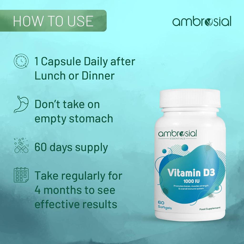 Витамин D3 Ambrosial 1000 МЕ (25 мкг) |Таблетки с витамином D для здоровья костей и зубов | Поддерживает иммунитет и мышечную функцию | Не содержит глютена (Пакет из 1)