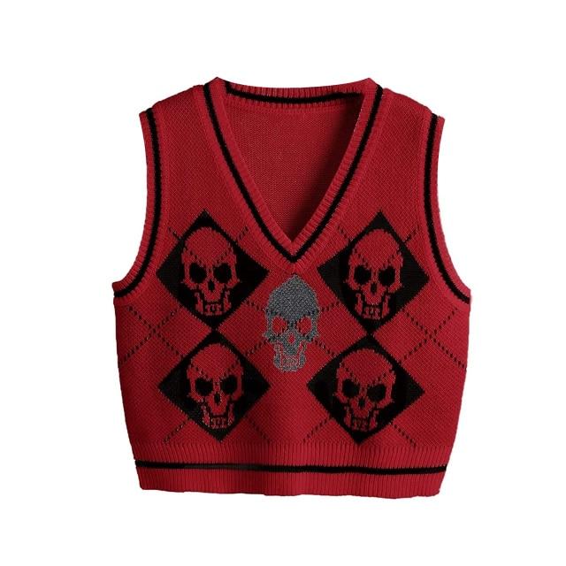 Gothic Knit Sweater Vest Skull Argyle Print Pattern Knitwear V-neck Pullover Fashion Jumper Top Women Halloween Streetwear