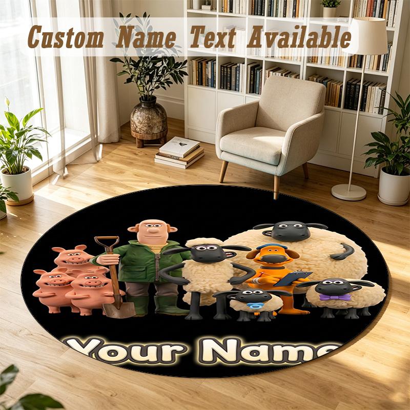 Round Rug Custom NameShaun the Sheep Pattern Non Slip Carpet Home Floor Decor