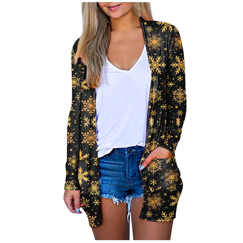 Женская модная повседневная куртка-кардиган с рождественским принтом средней длины, пальто