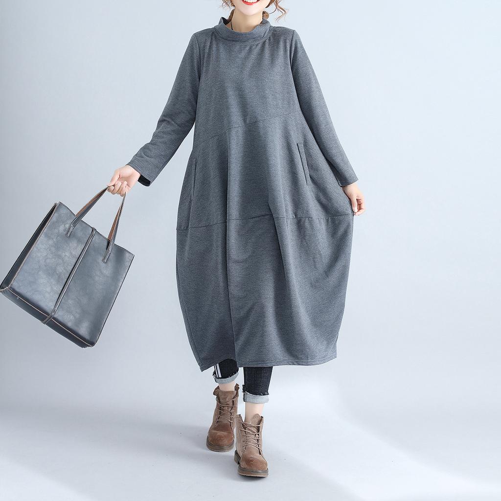 Retro Solid Color Lantern Skirt, High Neck Style Long Dress, Cotton and Linen Sewn Long Sleeve Dress