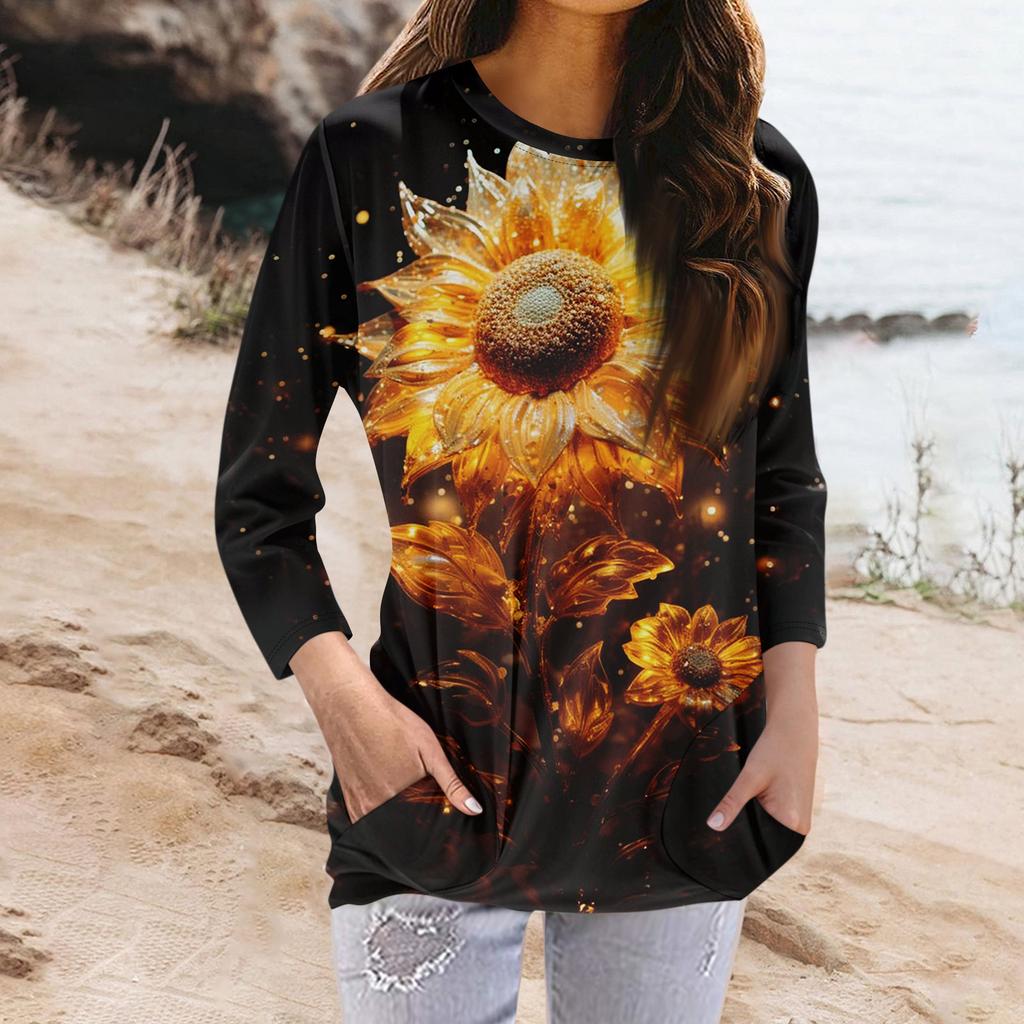 Женская модная повседневная футболка с карманом и круглым вырезом с рукавами 3/4 и топом