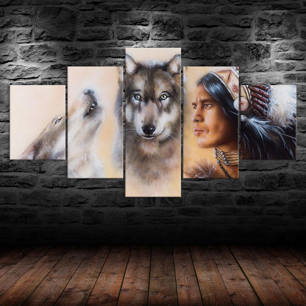 Native Indian Man Wolf Spirit Two Wolves 5 Piece Five Panel Wall Canvas Print Modern Art Poster Picture Home Decor Gift For Him For Her