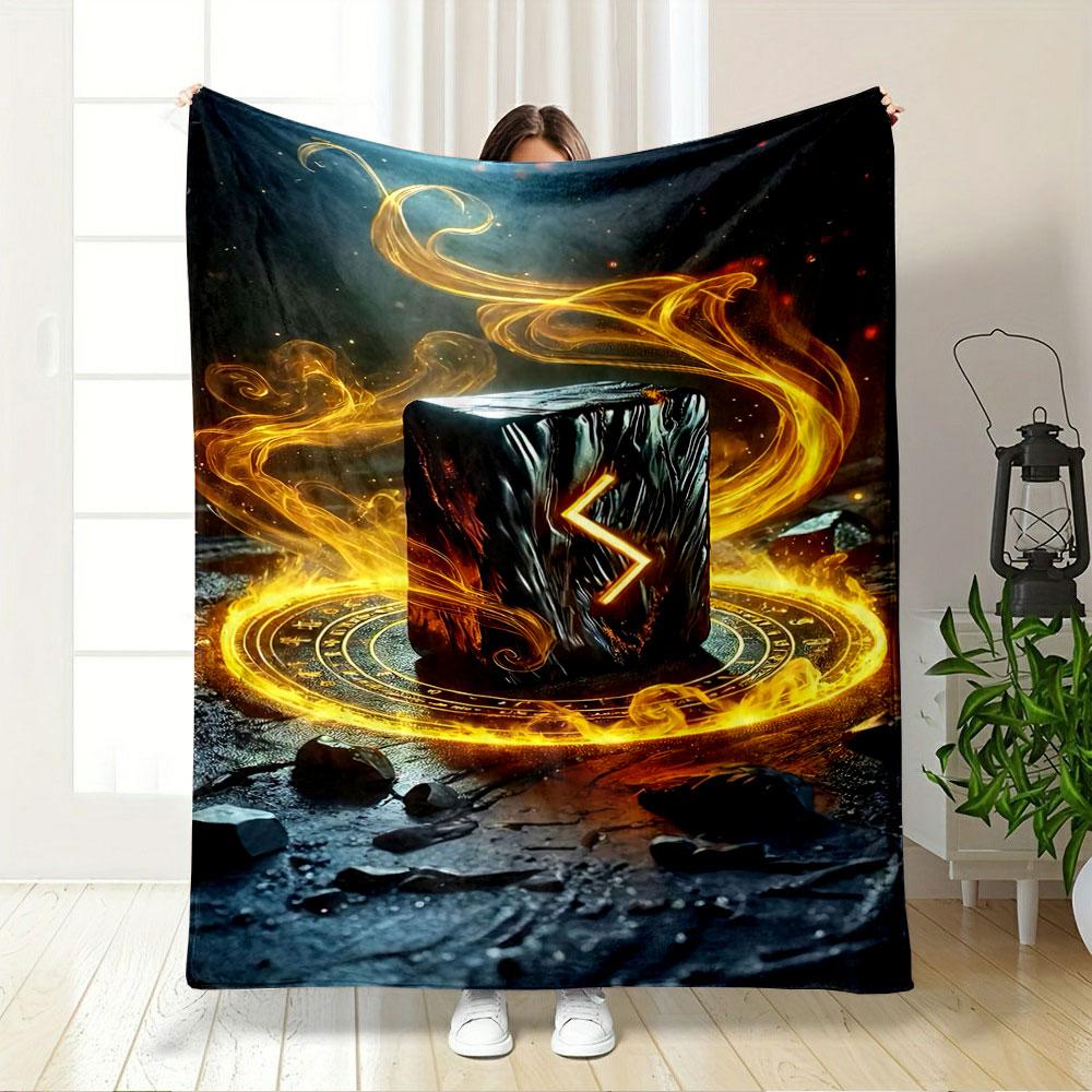 Glowing runes and fiery swirls encircle a dark, textured cube. for all seasons blanket lunch break throw gift