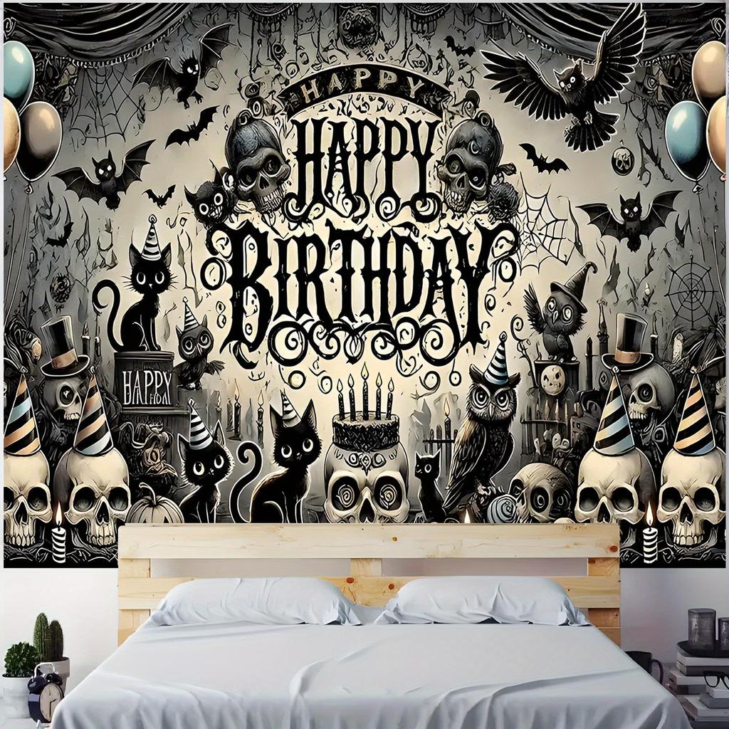 1 Gothic style cat skull birthday banner - Horror Halloween themed party decoration with black cats, bats, and skeletons
