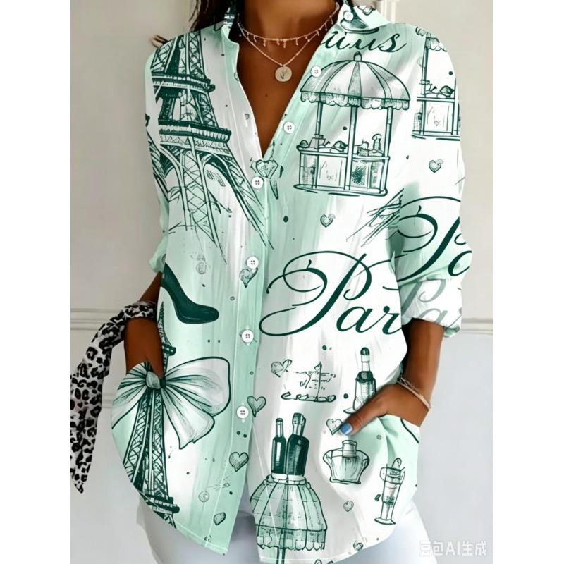 Women's Long Sleeve Button Down Shirt Paris Eiffel Tower Print Casual Loose Blouse Tops, Multiple Colors Available