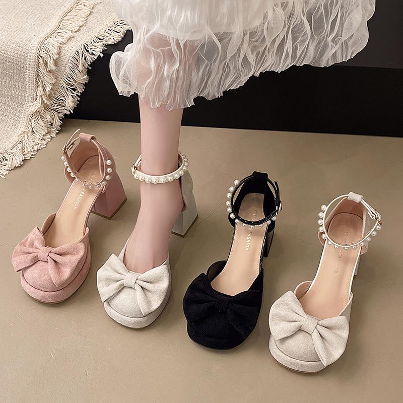 Французские туфли-лодочки на высоком каблуке, женские туфли на толстом каблуке с ремешком-пряжкой, новые летние 2025, под юбку, одинарные туфли, сандалии