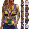 Women's Fashion Casual T-shirt V-neck Seven-quarter Sleeve Carnival Print Button Top