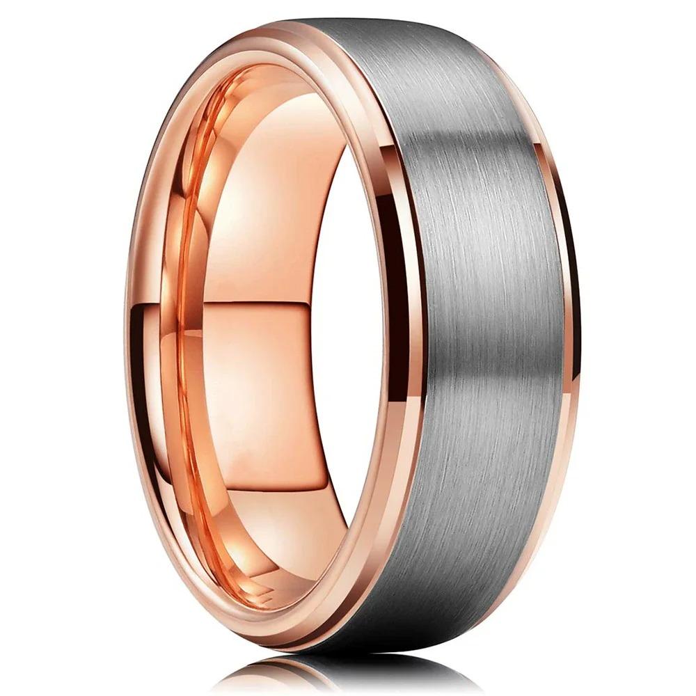 Fashion 8mm Black Brushed Titanium Stainless Steel Rings for Men Women Rose Gold Color Step Edge Men Rings Wedding Party Jewelry