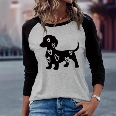 Топ с круглым вырезом и 3D-рисунком собаки с надписью "Love", повседневные женские футболки с длинным рукавом - мягкая полиэстеровая ткань средней эластичности, одежда свободного кроя для весны и осени
