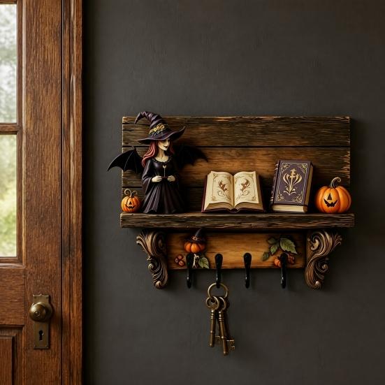 Wooden Halloween Yard Sign Key Holder, Lady Ghost Holder with 4 Hooks, Wall Spooky Ornament Mounted Rack Organizer for Entryway Hallway Home