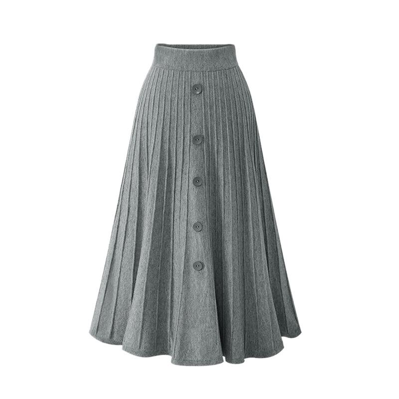 Mid-length Skirt for Women In Autumn and Winter New Loose Large Size Single-breasted A-line Large Swing Strip High Waist Knitted Pleated Skirt