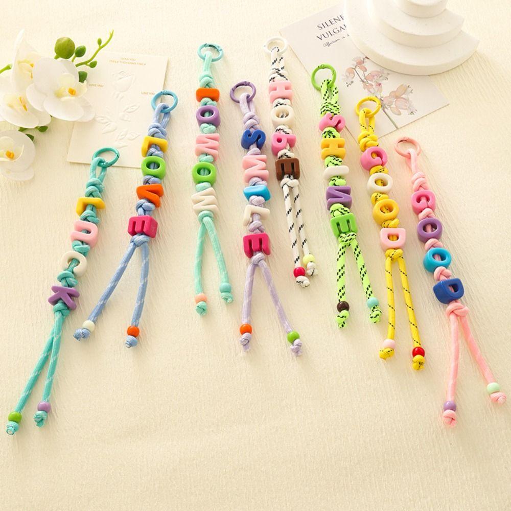 Colorful Acrylic Beads Keychain Lucky Letter Car Keyring Creative Mobile Phone Lanyard Friend Gift