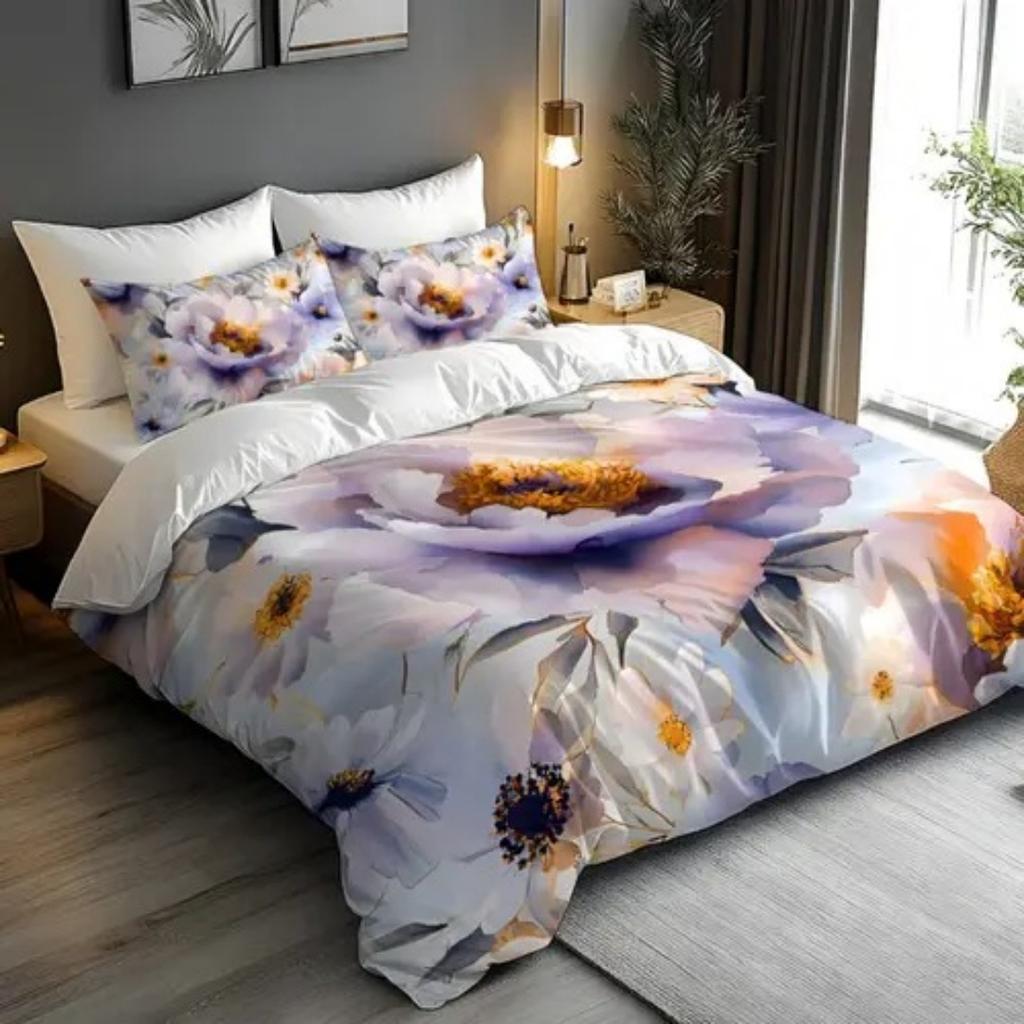 Пододеяльник с узором из фиолетовых цветов в стиле легкой роскоши, размер Queen King, 3D-печать, мягкое и удобное постельное белье, комплект из 3 предметов