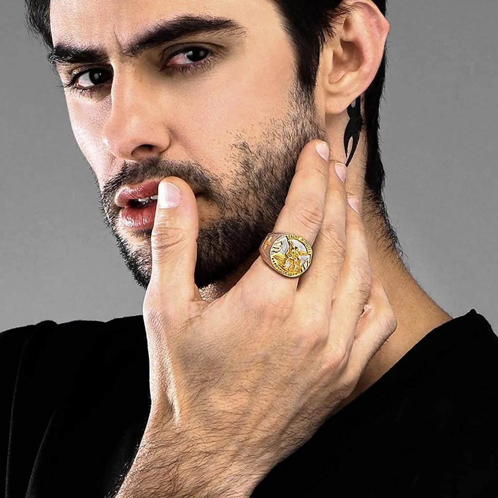 Круглые Печатки для Мужчин Женщин Католический Архангел Святой Михаил Амулет Черный и Золотой Цвет Нержавеющая Сталь Ювелирные Изделия Подарок Кольцо