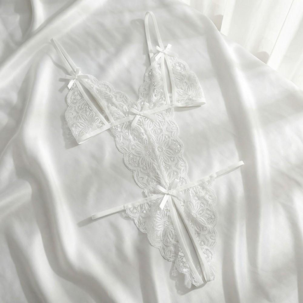 Deep V Neck Lace Bow Bodysuit Mesh Hollow Lace Sling Nightwear Women Lingerie Gifts