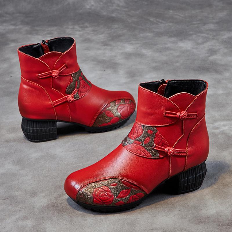 Johnature Женские короткие сапоги из натуральной кожи в этническом стиле с принтом в стиле ретро, ​​универсальные удобные туфли на толстом каблуке