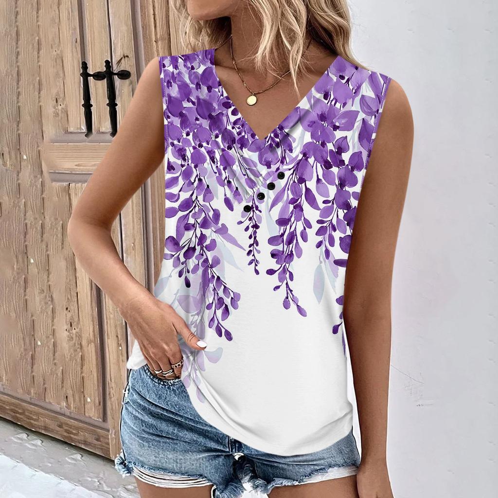Summer Womens Tank Tops V Neck Casual Printed Sleeveless Shirts Casual Loose Fit Pleated Tshirts Tees Ladies Blouse