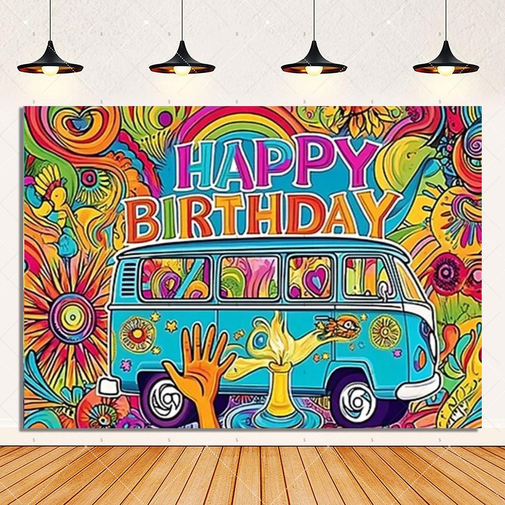 Colorful Hippie Bus Background Banner Bohemian Style Theme Backdrop Supplies Love And Peace Party Decorations Photography Props