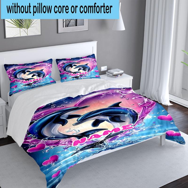 Custom Name 3PCS Love Dolphins Heart Bedding Set Including 1pc Duvet Cover And 2pcs Pillowcases for Bedroom, Dormitory Gift Home Decor