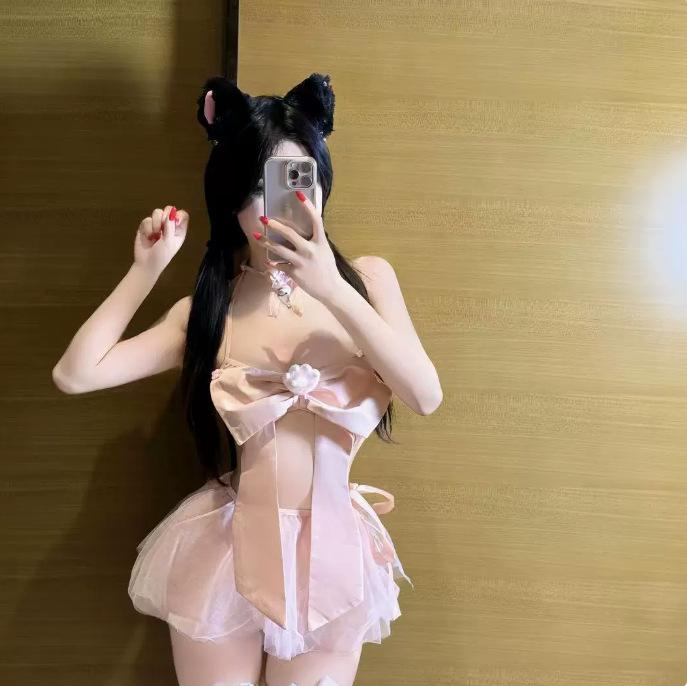 New sex underwear pink bow chest pad three-point pure desire temptation splicing mesh perspective free qqny