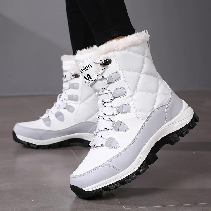 Зимние женские ботинки для снега, высокие бархатные женские хлопковые ботинки, теплая повседневная обувь для активного отдыха, удобные нескользящие походные ботинки