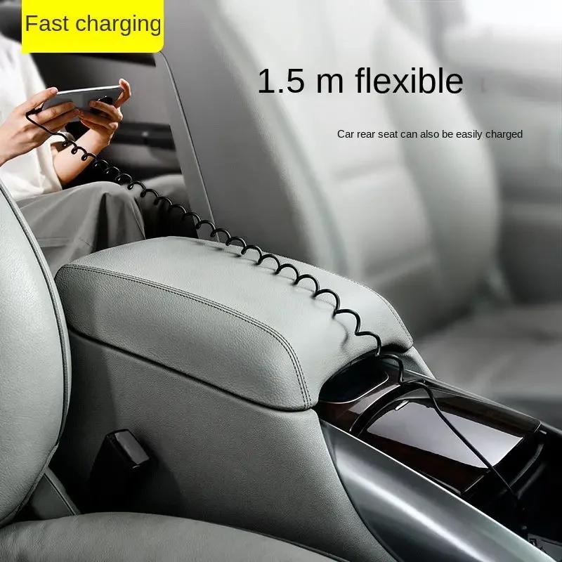 66W 5A Fast Charging Spring Telescopic 1M/1.5M Type C Data Cable USB Car Phone Charger for iPhone 15 14 Pro Sumsung Xiaomi POCO