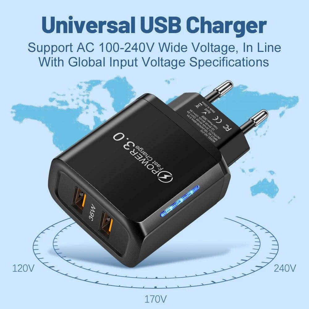 2 порта 36 Вт USB зарядное устройство для мобильного телефона Quick 3.0 Wall Fast Charge Adapter для iPhone Xiaomi Samsung