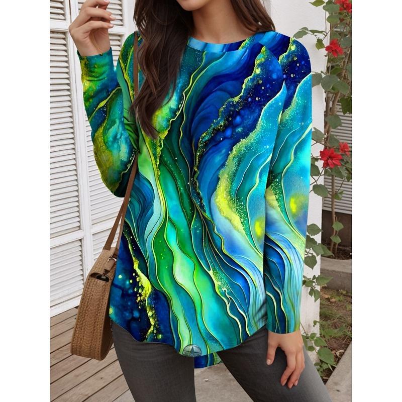 Autumn Fashion Women's Graphic Geometric Abstract O-Neck Long Sleeve T-Shirt Y2K Casual Tops Womens Clothing Harajuku Pullover