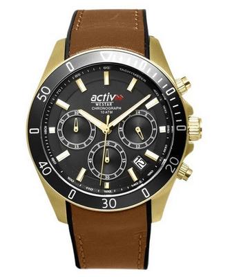 Мужские часы Activ Chronograph с кожаным ремешком и черным циферблатом 90245GPN183 100M
