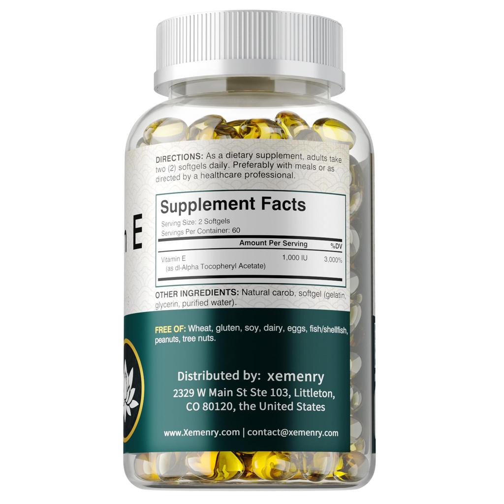 High-purity vitamin E extract capsules, all-natural, gluten-free, 120 capsules, suitable for adults.