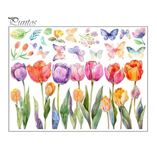 Floral Window Sticker Sheet Vibrant Color Tulip Butterfly Design PVC Glass Film Decal Living Room Kitchen Office Decor