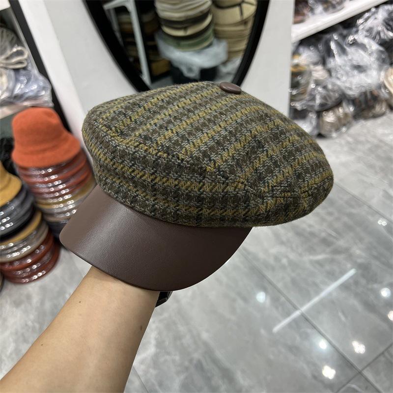 Woolen Herringbone Leather Brim Newsboy Hat Women's Autumn and Winter New British Retro Thermal Celebrity Style Cap