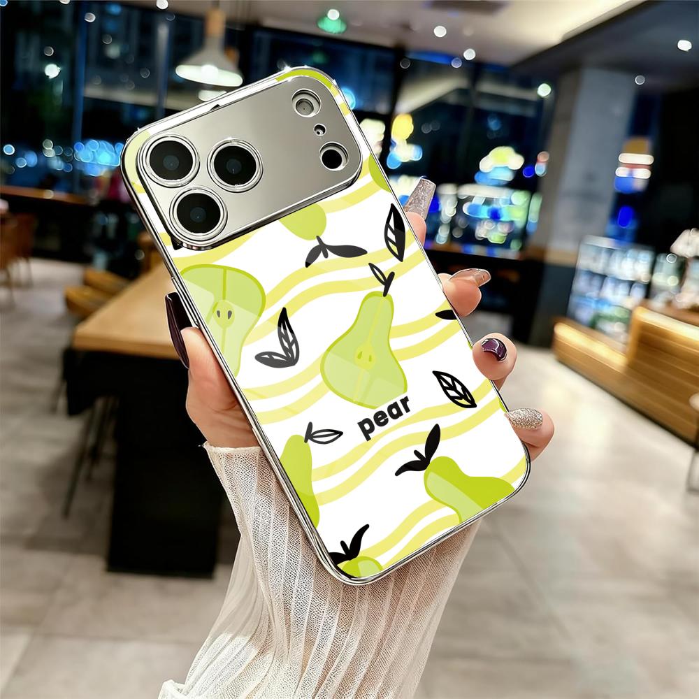 Ins Fruit Fashion Phone Case For iPhone 17 16 15 14 13 12 Pro Max Plus Electroplated Metal Shockproof Bumper Case Glass Back