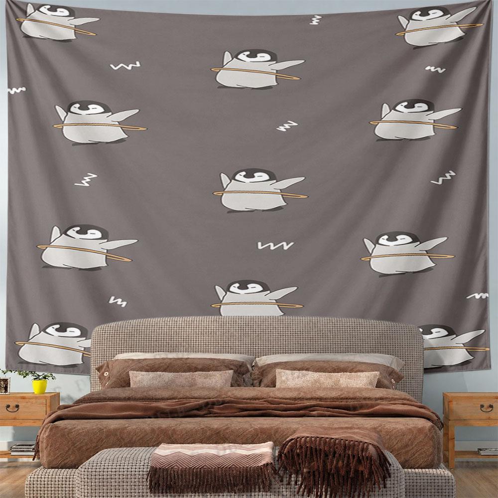 Hula Hoop Penguins on Grey Background Pattern Wall Hanging Tapestry Decorative Tapestry Home Decor for Bedroom and Living Room